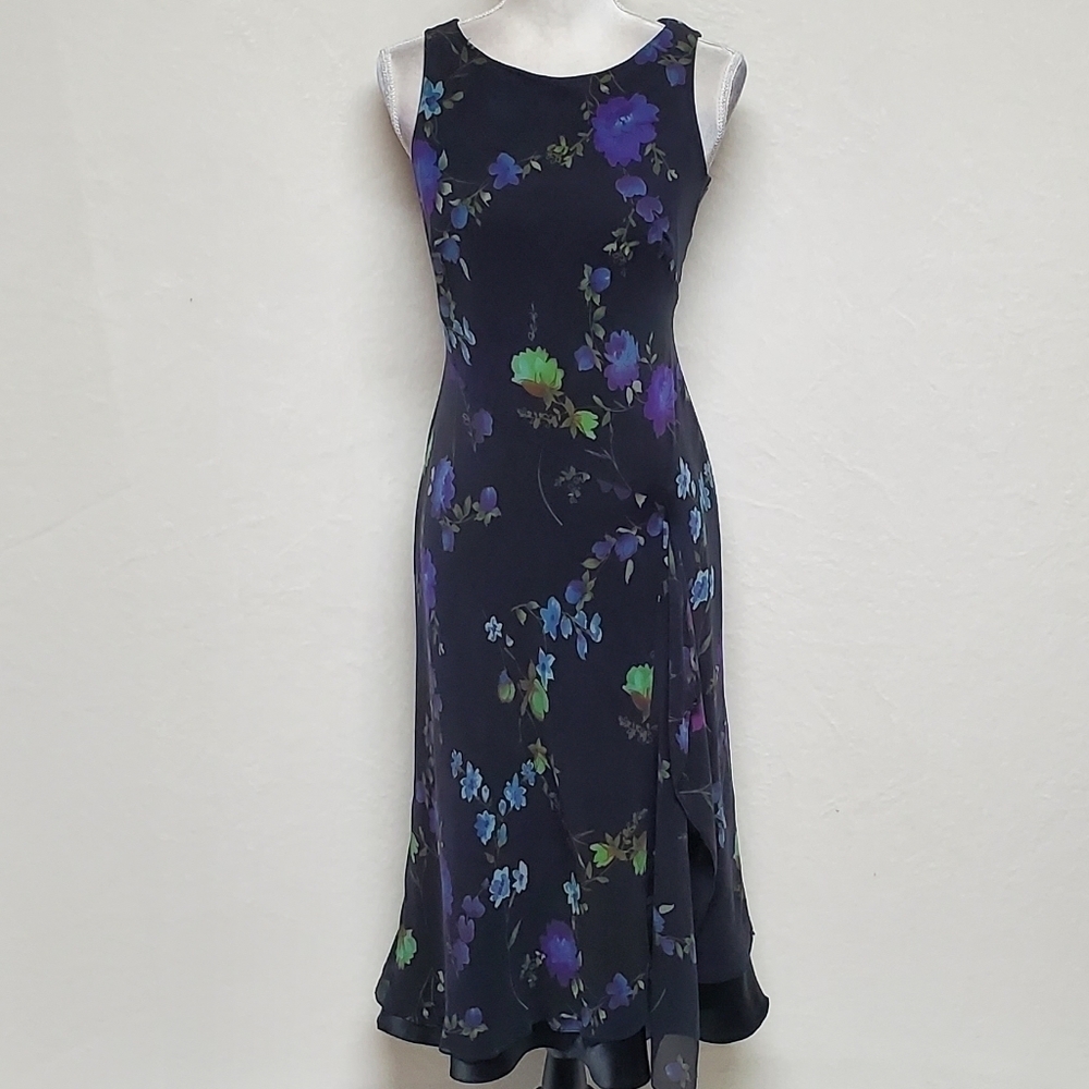 VINTAGE Liz Claiborne Purple Floral Silk Chiffon Black Satin Ruffle Midi Dress M - Picture 4 of 16